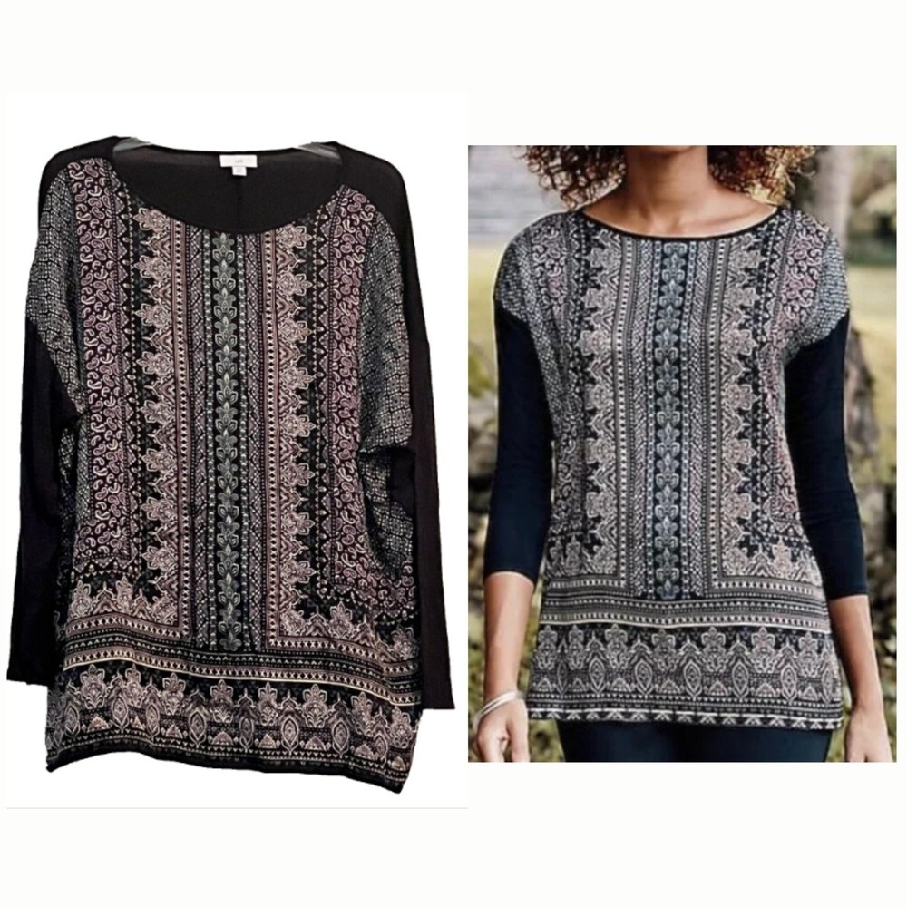 J Jill Woman Black Regal Paisley Top Tunic Boho Print Front Knit Back Size 2X